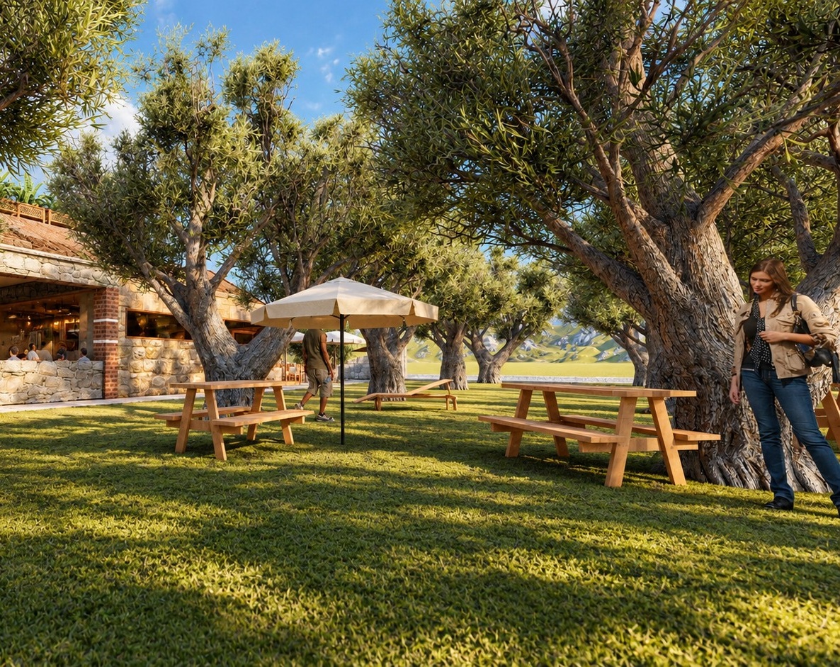 Kayra Garden Restaurant — arka bahçe görünümü, kadrajı düzenlenmiş final render 02